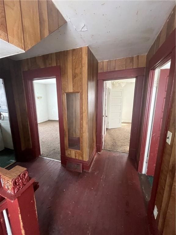 corridor featuring wooden walls and dark wood-type flooring