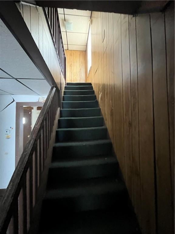 stairs featuring wooden walls