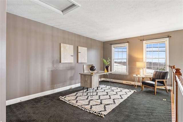 office space featuring a textured ceiling and dark carpet