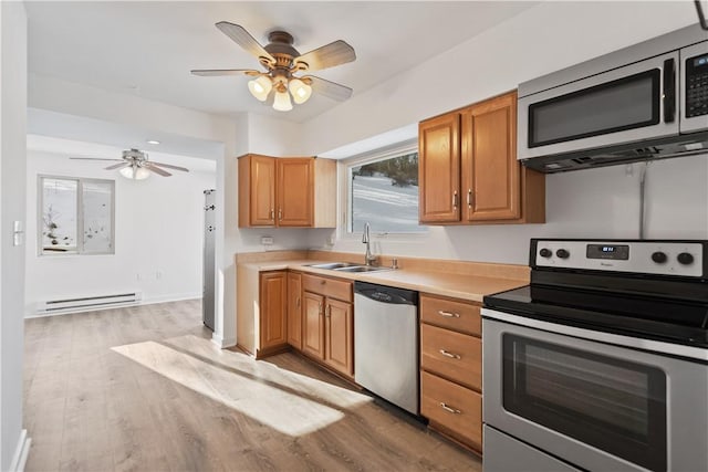 kitchen featuring a baseboard heating unit, light hardwood / wood-style floors, sink, and appliances with stainless steel finishes