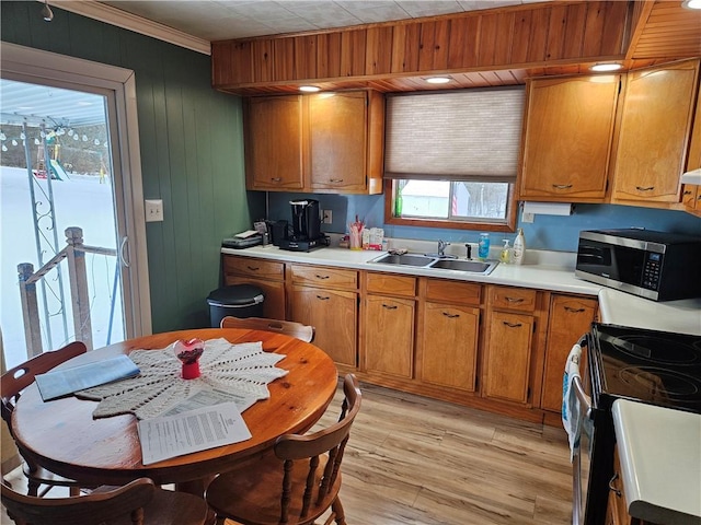 kitchen featuring sink, wooden walls, range with electric stovetop, ornamental molding, and light wood-type flooring