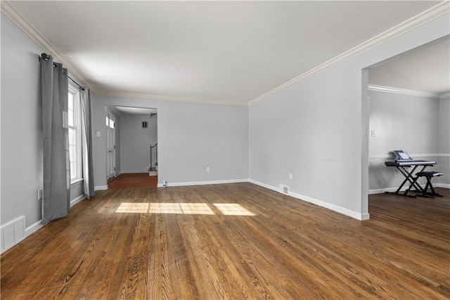 unfurnished living room featuring ornamental molding and dark hardwood / wood-style flooring