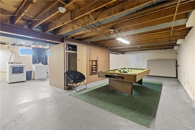 rec room featuring pool table, concrete floors, and independent washer and dryer