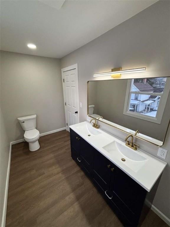 bathroom with vanity, wood-type flooring, and toilet