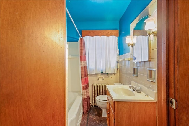 full bathroom with radiator, shower / bath combo, vanity, decorative backsplash, and toilet