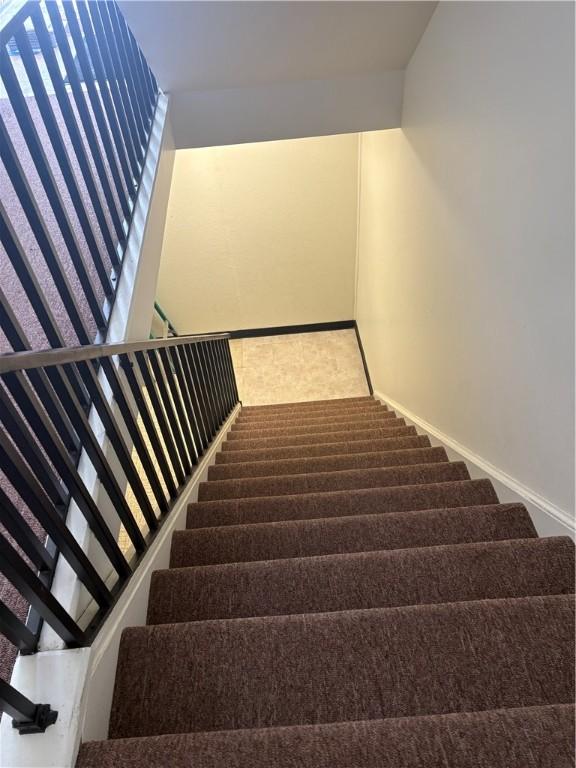 stairway featuring carpet flooring