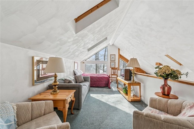 living room with lofted ceiling and carpet