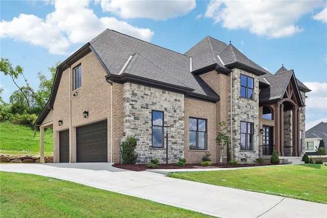 view of front of property featuring a garage and a front lawn