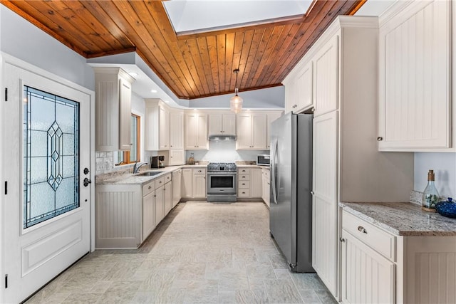 252 Latonka Dr, Jackson Twp Mer, PA 16137 - kitchen with a sink, light stone countertops, a skylight, wood ceiling, and appliances with stainless steel finishes