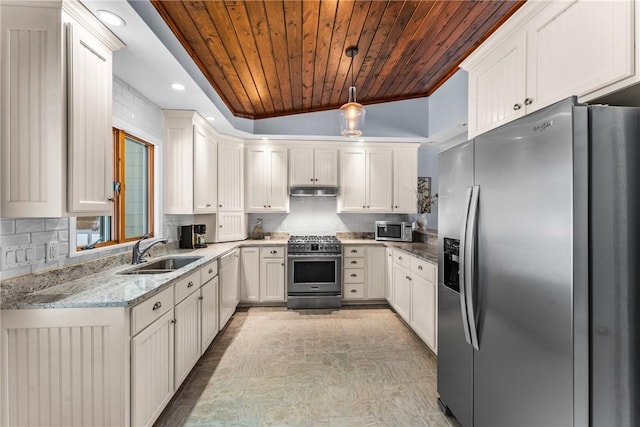 252 Latonka Dr, Jackson Twp Mer, PA 16137 - kitchen featuring wood ceiling, decorative backsplash, a sink, and appliances with stainless steel finishes