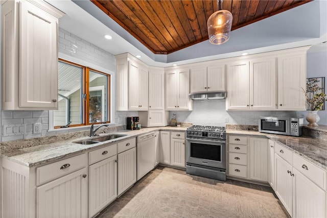 kitchen featuring vaulted ceiling, appliances with stainless steel finishes, sink, hanging light fixtures, and wooden ceiling