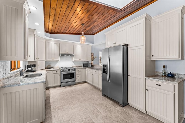 kitchen with appliances with stainless steel finishes, decorative light fixtures, sink, white cabinets, and wood ceiling