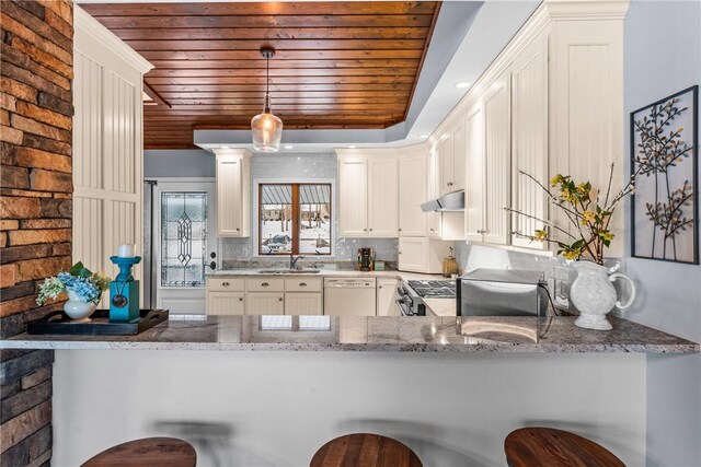 252 Latonka Dr, Jackson Twp Mer, PA 16137 - kitchen with a sink, wooden ceiling, a peninsula, under cabinet range hood, and light stone countertops