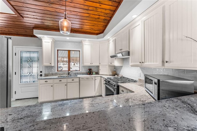 kitchen with stainless steel appliances, white cabinets, wooden ceiling, and decorative light fixtures