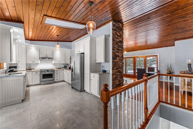 kitchen with white cabinetry, hanging light fixtures, wood ceiling, and stainless steel appliances