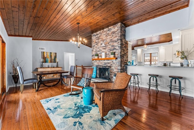 252 Latonka Dr, Jackson Twp Mer, PA 16137 - dining space with visible vents, a chandelier, hardwood / wood-style floors, wooden ceiling, and a fireplace