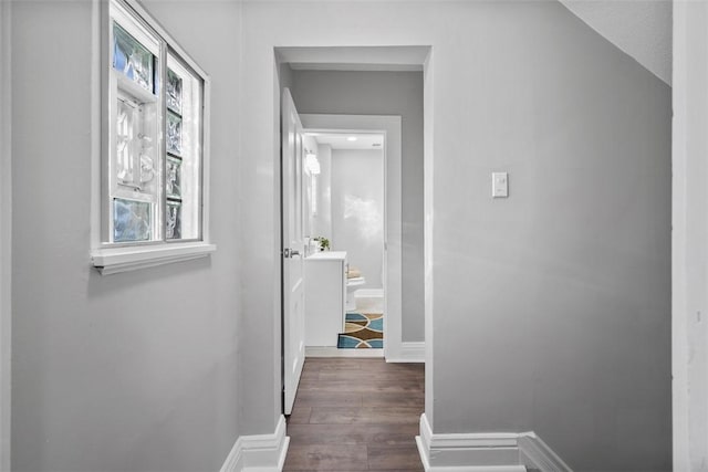 corridor featuring dark wood-type flooring