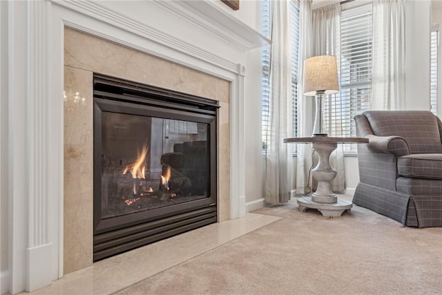 interior details featuring a fireplace and carpet