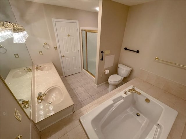 full bathroom with toilet, tile patterned floors, plus walk in shower, and vanity