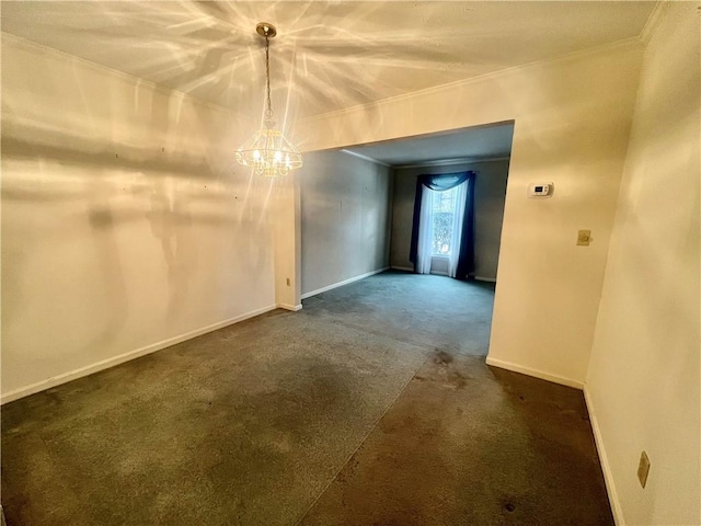 carpeted spare room featuring a notable chandelier