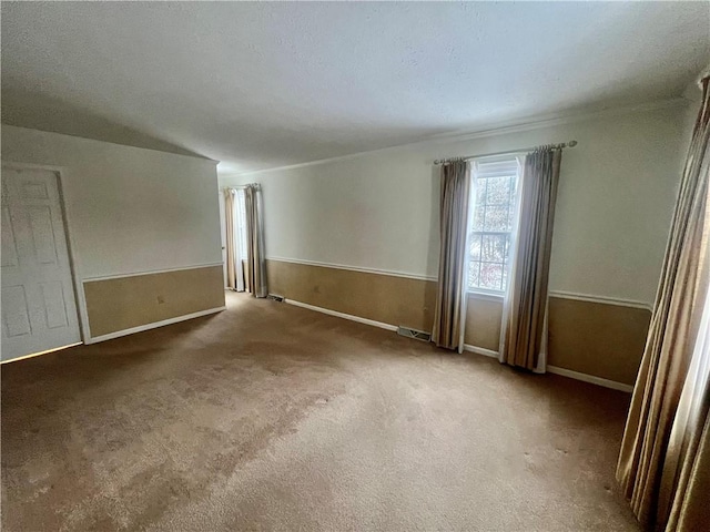 carpeted spare room featuring wooden walls