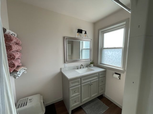 bathroom with vanity and hardwood / wood-style flooring