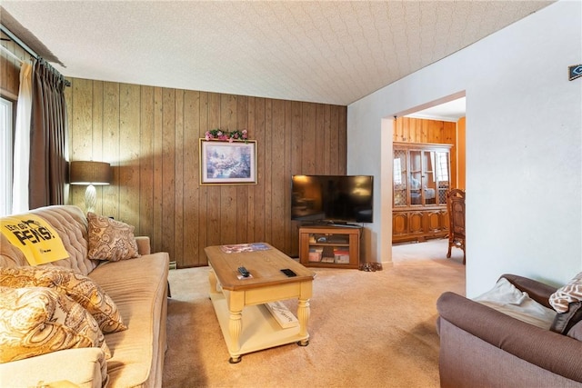 living room with wooden walls, carpet, and a wealth of natural light