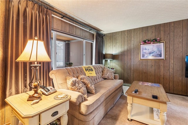 carpeted living room with a baseboard radiator and wood walls