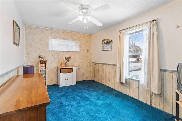 interior space with a textured ceiling, ceiling fan, and wood walls