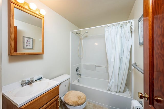 full bathroom with vanity, shower / bath combination with curtain, and toilet