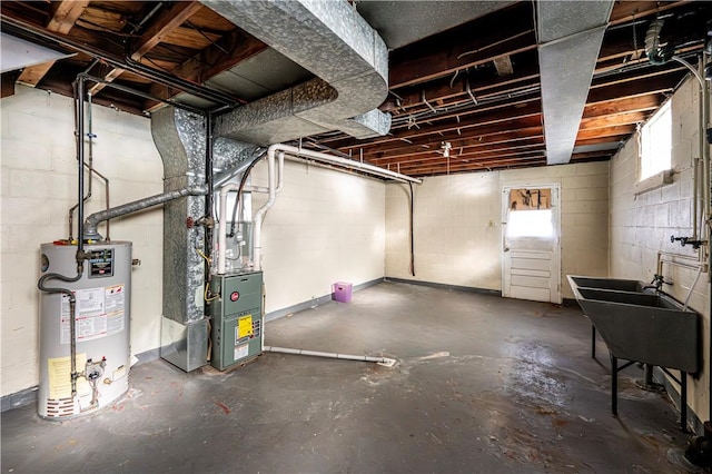 basement with heating unit and gas water heater