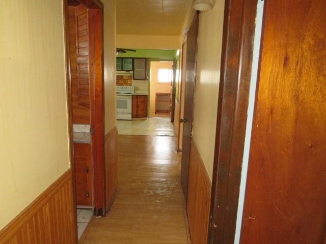 corridor with light hardwood / wood-style floors and wood walls