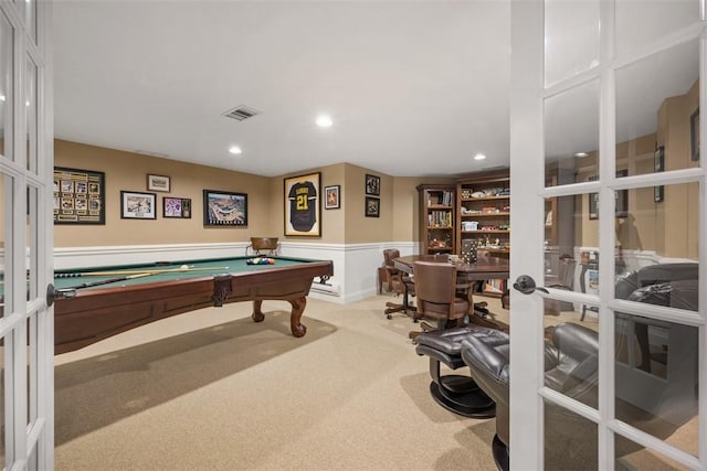 rec room featuring pool table, french doors, and carpet