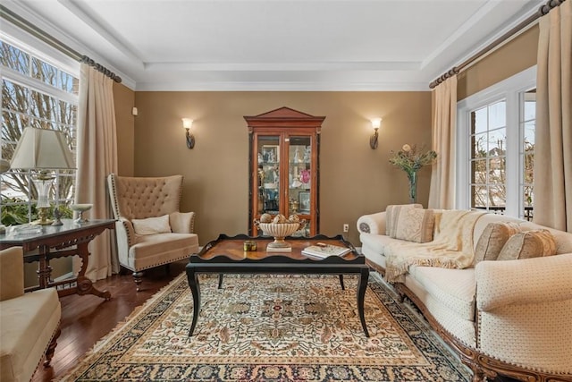 living room featuring crown molding and dark hardwood / wood-style floors