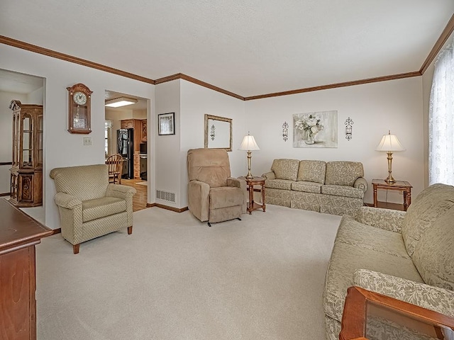 carpeted living room featuring crown molding