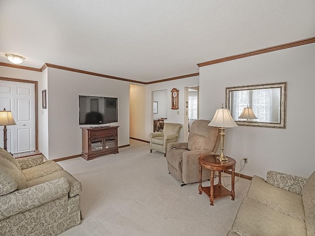 carpeted living room featuring crown molding