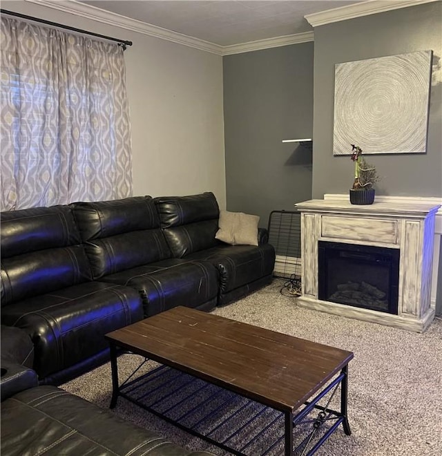 living room with crown molding and carpet flooring