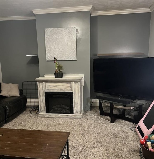 carpeted living room with ornamental molding and a high end fireplace