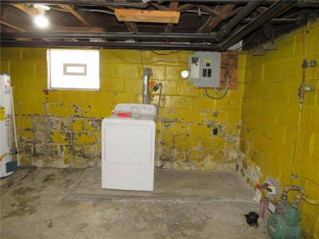 basement with electric panel, washer / dryer, and gas water heater