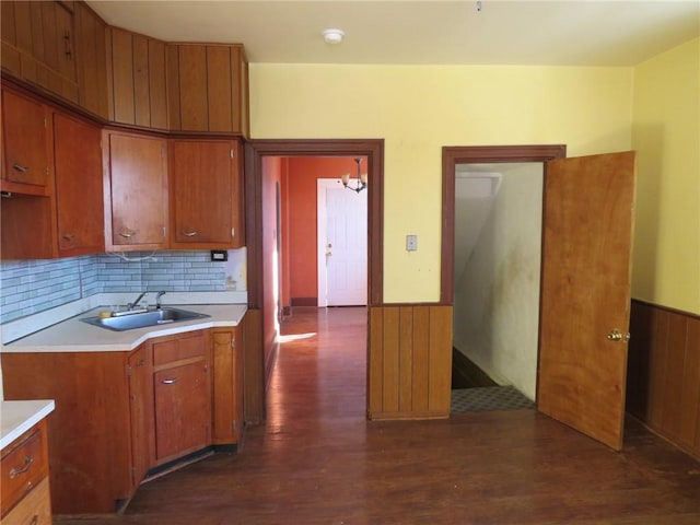 kitchen featuring sink, dark hardwood / wood-style floors, and decorative backsplash