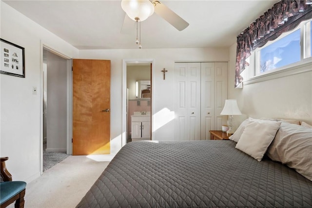 bedroom featuring carpet floors, a closet, and ceiling fan