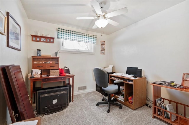 office area with ceiling fan and light colored carpet