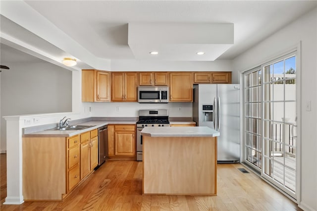 kitchen with sink, a center island, light hardwood / wood-style flooring, appliances with stainless steel finishes, and kitchen peninsula