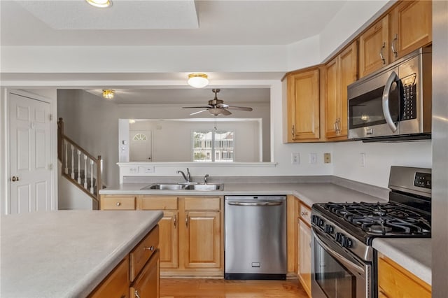 kitchen featuring ceiling fan, appliances with stainless steel finishes, sink, and light hardwood / wood-style floors