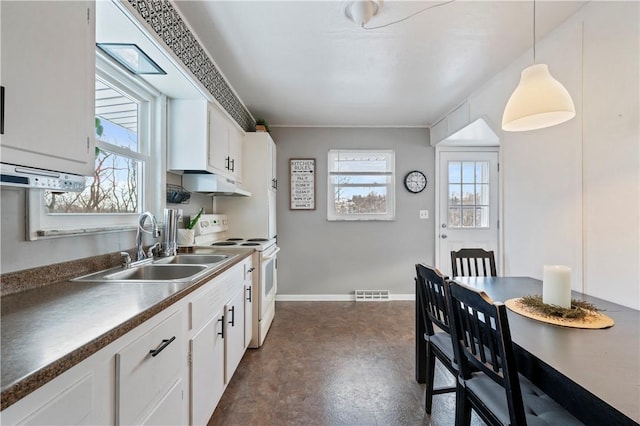 kitchen with electric stove, hanging light fixtures, white cabinetry, and sink