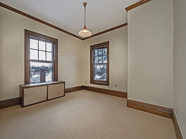 carpeted empty room with radiator heating unit and ornamental molding