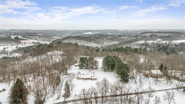 snowy aerial view with a mountain view