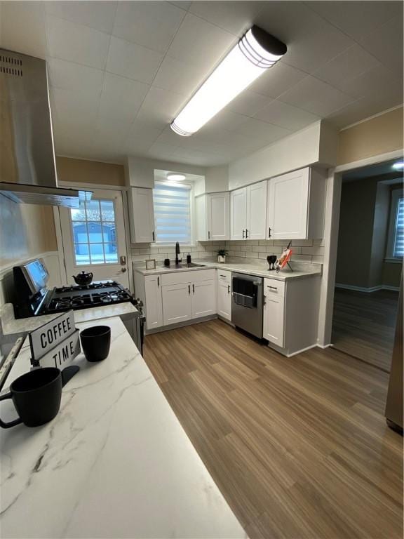 kitchen featuring tasteful backsplash, white cabinets, light stone counters, stainless steel appliances, and light wood-type flooring