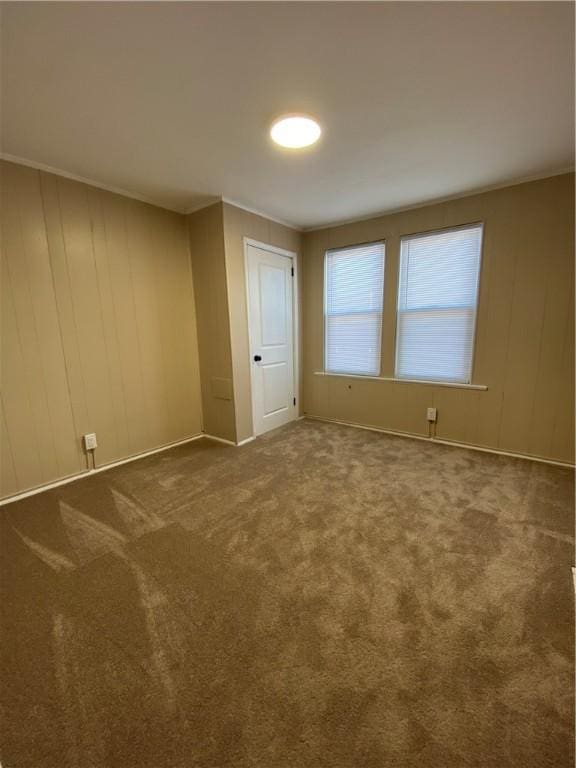 carpeted spare room with wood walls