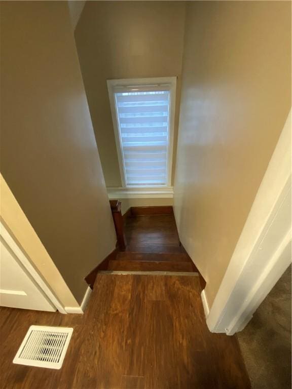 staircase with hardwood / wood-style floors